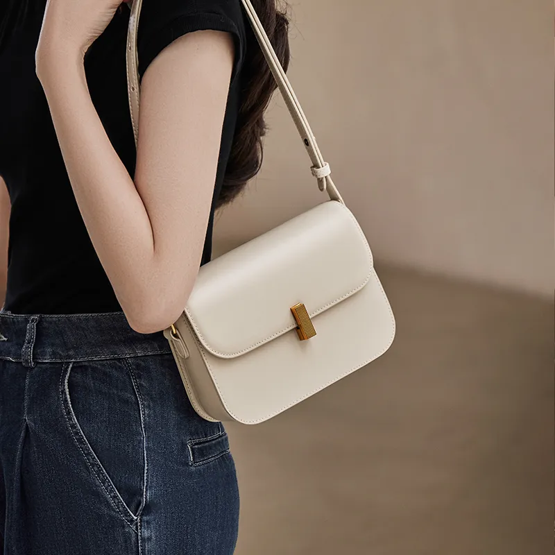 Narandu Cow Leather Synthetic Leather Small Square Bag Tofu Bag Shoulder Bag Crossbody Bag Women's Ecru/Midnight Black-1