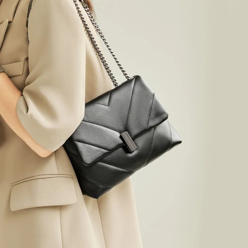 Narandu Cow Leather, Synthetic Leather Chain Bag, Shoulder Bag, Crossbody Bag, Small Square Bag Women's Black/White-5