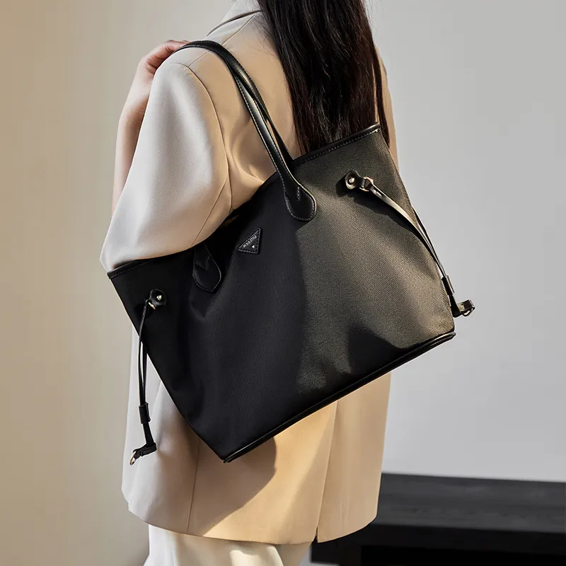 Narandu Fabric With Synthetic Leather Tote Bag Shoulder Bag Large Size Women's Khaki/Midnight Black-7