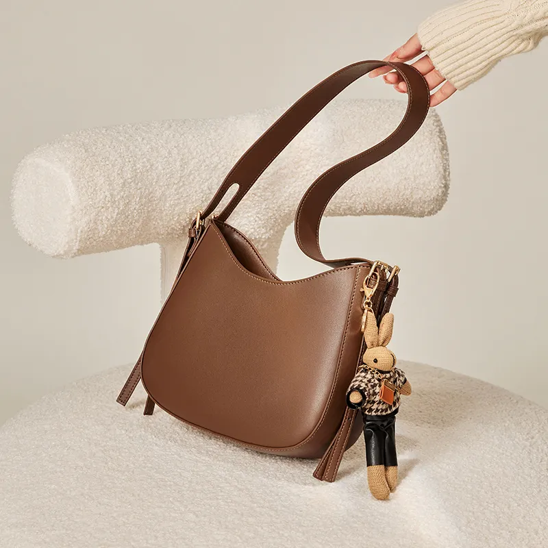 Narandu Cow Leather Shoulder Bag Bucket Bag Crossbody Bag Shoulder Bag Medium Size Women's Khaki/Coffee/Ecru & Apricot-9
