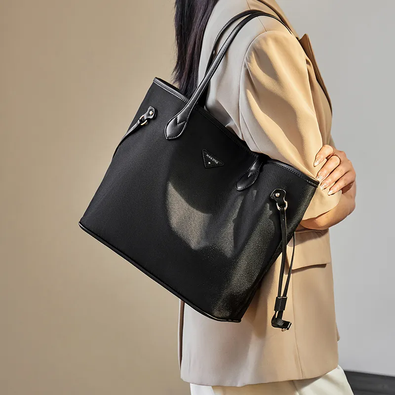 Narandu Fabric With Synthetic Leather Tote Bag Shoulder Bag Large Size Women's Khaki/Midnight Black-6