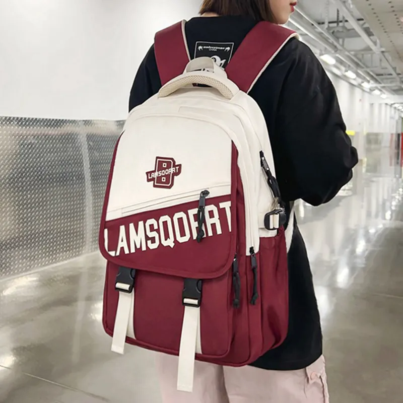 Narandu Fabric Backpack Computer Travel Bag Large Size Unisex Burgundy/Black-2