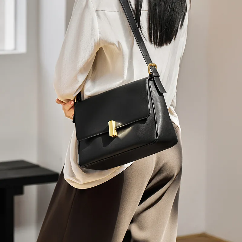 Narandu Cow Leather Small Square Bag Shoulder Bag Medium Size Women's Midnight Black/Caramel Brown/Milk Tea-3