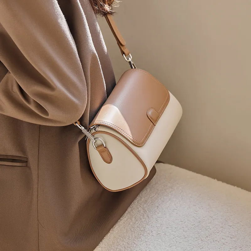 Narandu Cow Leather With Synthetic Leather Cylinder Bag, Crossbody Bag, Shoulder Bag Women's Ecru & Apricot/Cocoa Brown-2