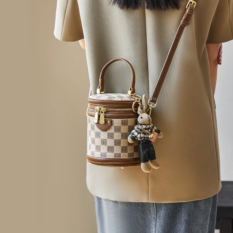 Narandu PVC Synthetic Leather Cylinder Bag, Handbag, Shoulder Bag, Crossbody Bag Mini Women's Khaki-1