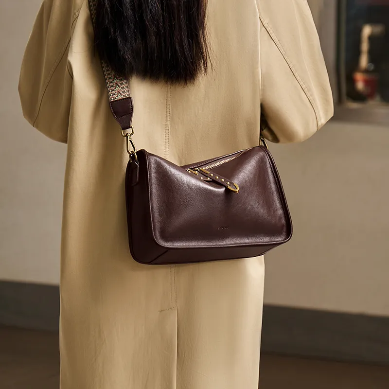 Narandu Cow Leather Patchwork Synthetic Leather Crossbody Bag Medium Size Women's Vegetable Tanned Coffee-4