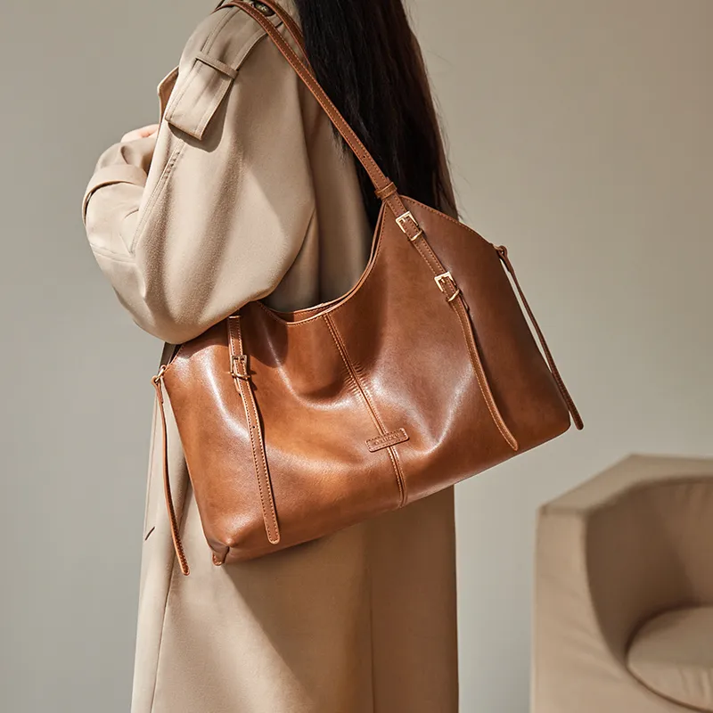 Narandu Synthetic Leather With Cow Leather Tote Underarm Shoulder Bag Women's Vegetable Tanned Brown-6