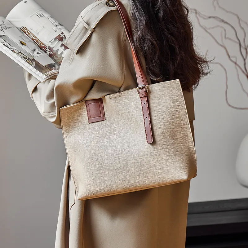 Narandu Genuine Cow Leather Tote Bag Shoulder Bag Large Size Women's Cream Apricot & Coffee/Salt Khaki-1