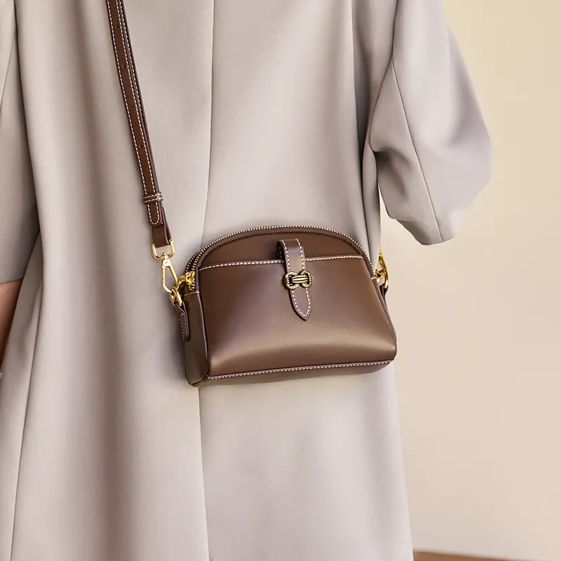 Narandu Cow Leather Shoulder Bag, Crossbody Bag, Cell Phone Pouch Mini Women's Cheese White & Coffee-8