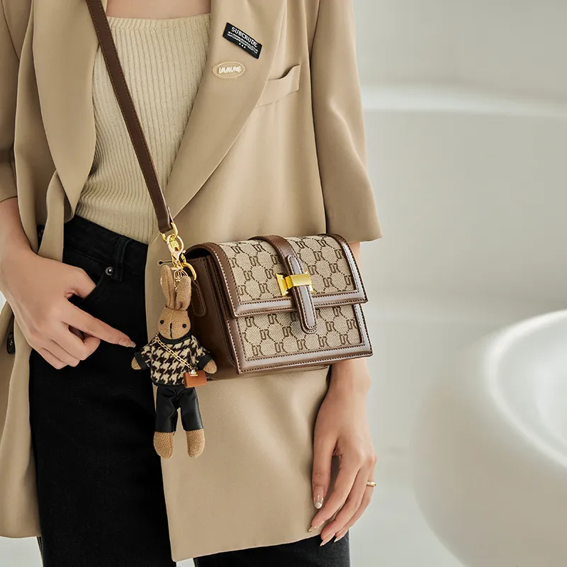 Narandu Fabric, Synthetic Leather Small Square Bag, Crossbody Bag, Shoulder Bag Medium Size Women's Coffee-10