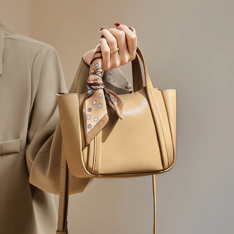 Narandu Cow Leather Basket Bag Handbag Crossbody Bag Shoulder Bag Medium Size Women's Apricot-4