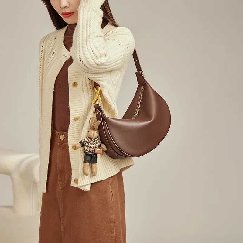 Narandu Split Cow Leather Dumpling Bag Crescent Bag Crossbody Bag Shoulder Bag Regular Women's Cream Apricot-1