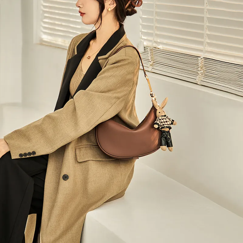 Narandu Split Cow Leather Dumpling Bag Crescent Bag Crossbody Bag Shoulder Bag Regular Women's Cream Apricot-3