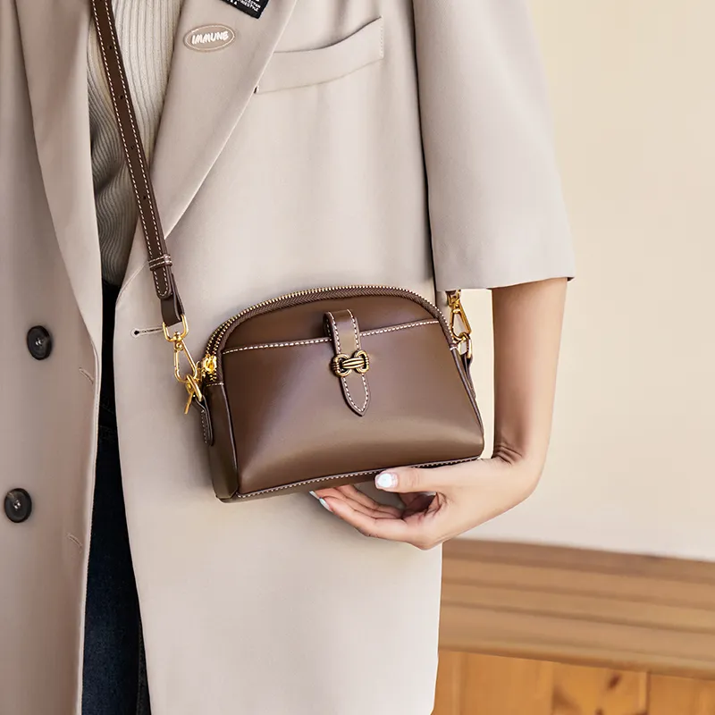 Narandu Cow Leather Shoulder Bag, Crossbody Bag, Cell Phone Pouch Mini Women's Cheese White & Coffee-7