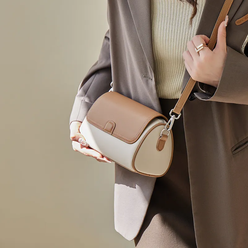 Narandu Cow Leather With Synthetic Leather Cylinder Bag, Crossbody Bag, Shoulder Bag Women's Ecru & Apricot/Cocoa Brown-4