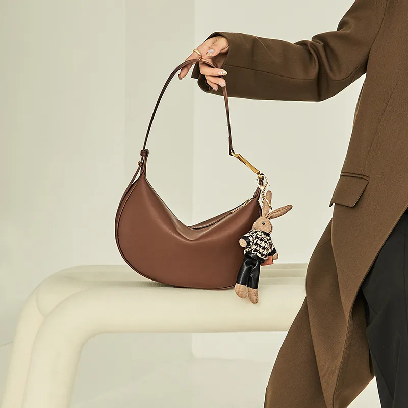 Narandu Split Cow Leather Dumpling Bag Crescent Bag Crossbody Bag Shoulder Bag Regular Women's Cream Apricot-4