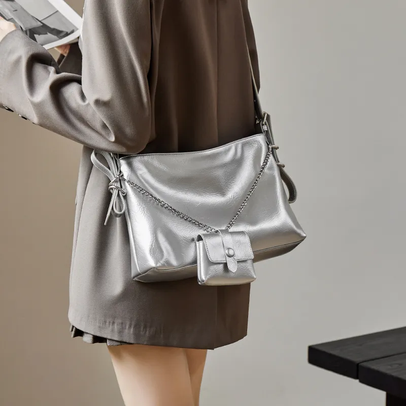 Narandu Synthetic Leather Tote Shoulder Bag Crossbody Bag Large Size Women's Midnight Black/Silver-8