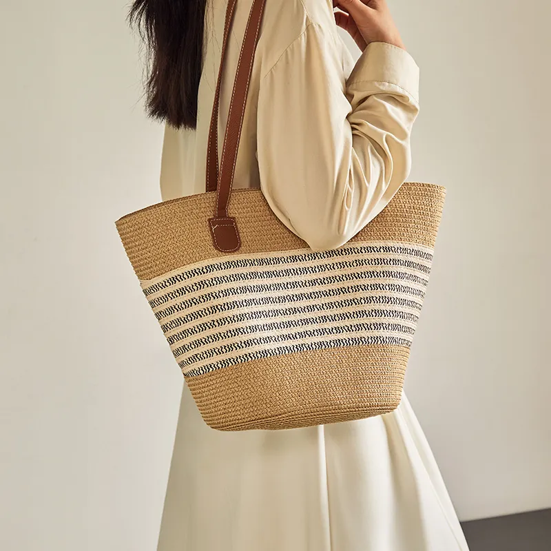Narandu Fabric, Synthetic Leather Tote Bag, Handbag, Shoulder Bag, Woven Bag Large Size Women's Khaki-3