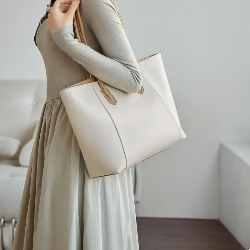 Narandu Cow Leather Tote Bag Shopping Bag Shoulder Bags Large Size Women's Brown/Ecru & Apricot-2