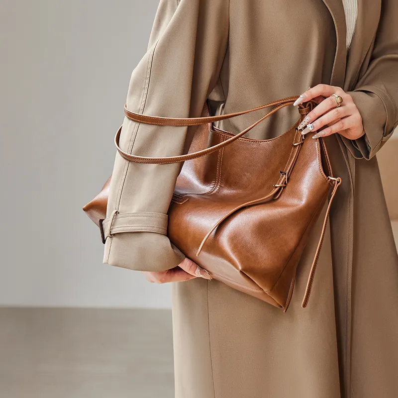 Narandu Synthetic Leather With Cow Leather Tote Underarm Shoulder Bag Women's Vegetable Tanned Brown-3