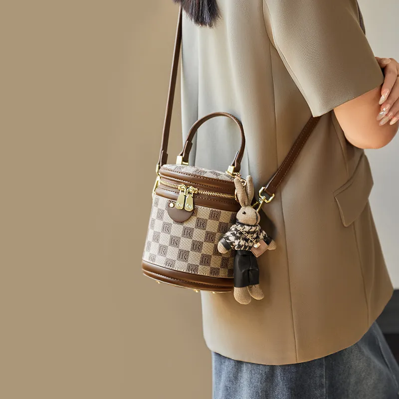 Narandu PVC Synthetic Leather Cylinder Bag, Handbag, Shoulder Bag, Crossbody Bag Mini Women's Khaki-3