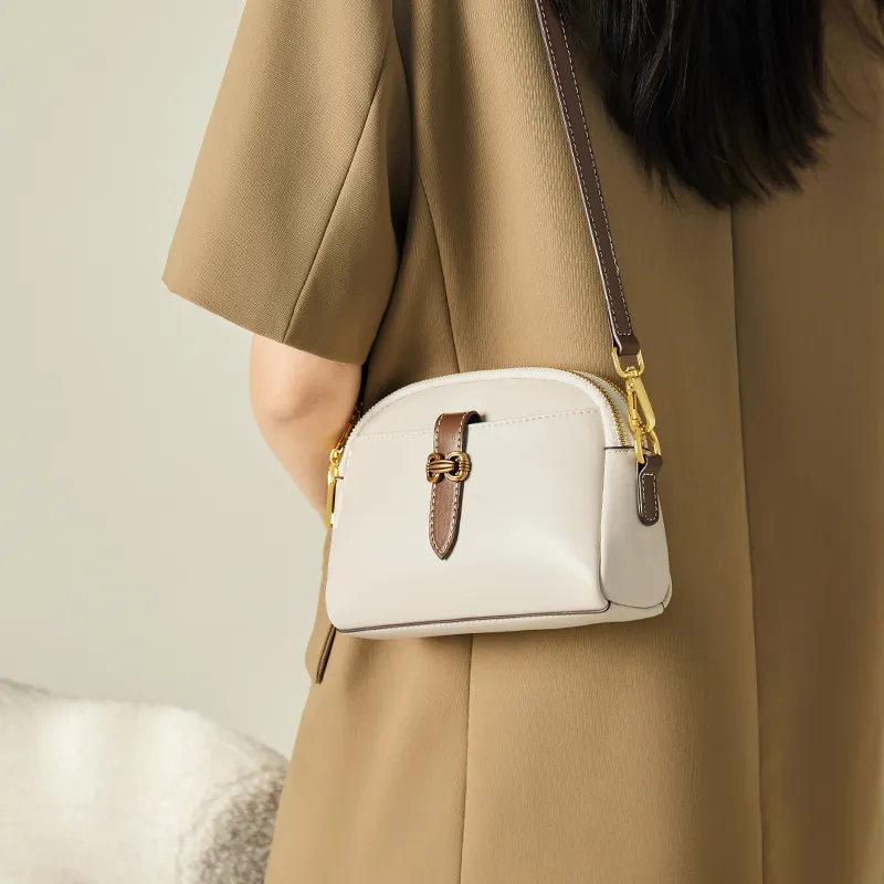 Narandu Cow Leather Shoulder Bag, Crossbody Bag, Cell Phone Pouch Mini Women's Cheese White & Coffee-3
