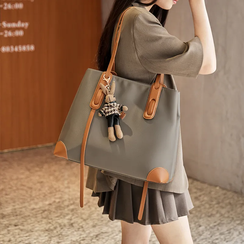 Narandu Fabric With Synthetic Leather Tote Bag Shoulder Bag Large Size Women's Khaki Brown/Black-2
