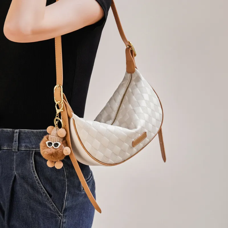 Narandu Cow Leather Dumpling Bag Crescent Bag Shoulder Bag Crossbody Bag Women's Ecru & Apricot/Caramel Brown-2