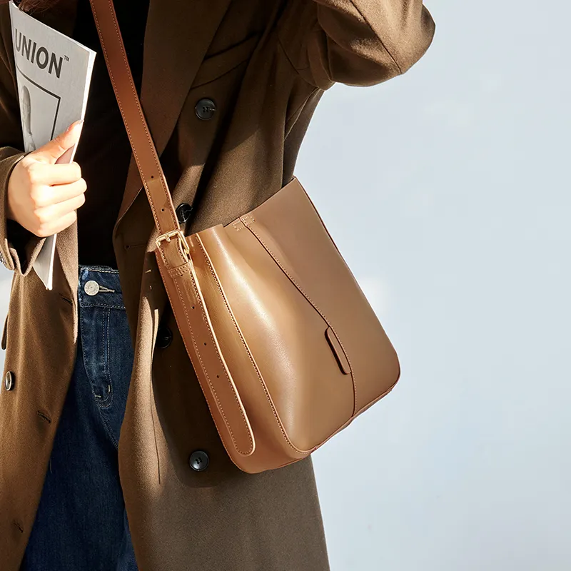 Narandu Cow Leather Bucket Bags Shoulder Bags Regular Women's Cocoa Brown/Ecru & Apricot-4