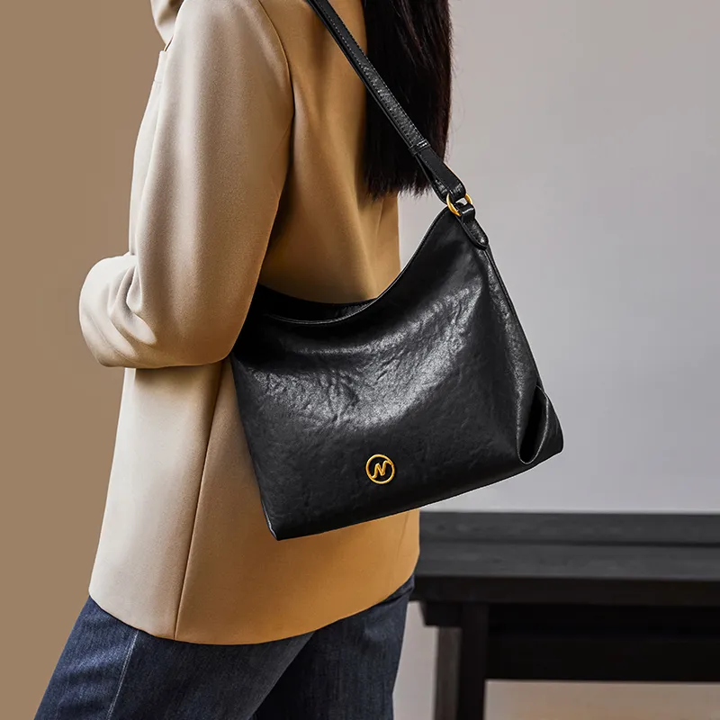 Narandu Cow Leather Patchwork Synthetic Leather Totes Handbag Shoulder Bag Large Size Women's Midnight Black/Gold Brown-1