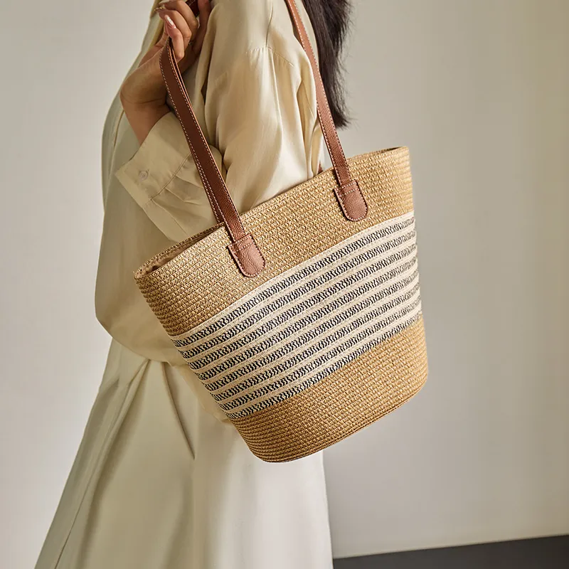 Narandu Fabric, Synthetic Leather Tote Bag, Handbag, Shoulder Bag, Woven Bag Large Size Women's Khaki-2