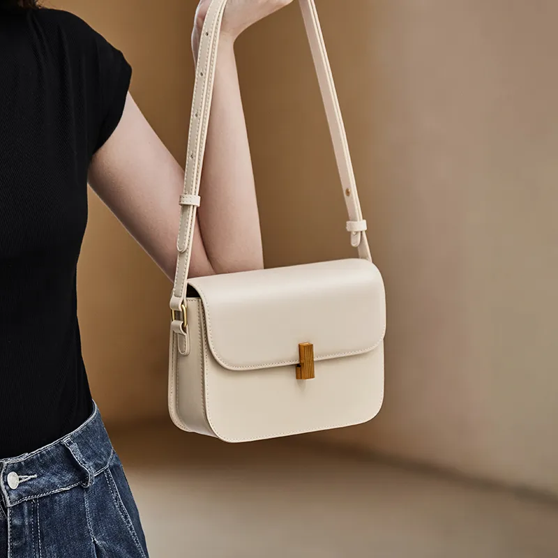 Narandu Cow Leather Synthetic Leather Small Square Bag Tofu Bag Shoulder Bag Crossbody Bag Women's Ecru/Midnight Black-4