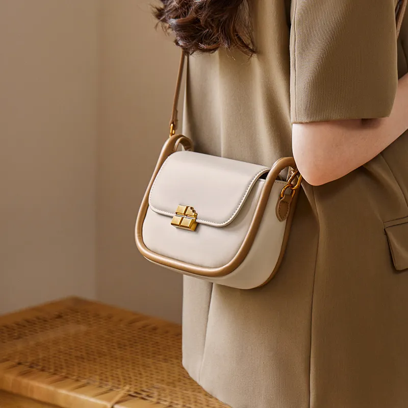 Narandu Synthetic Leather Saddle Bag Small Square Bag Shoulder Bag Crossbody Bag Women's Toffee Brown/Ecru & Brown-6