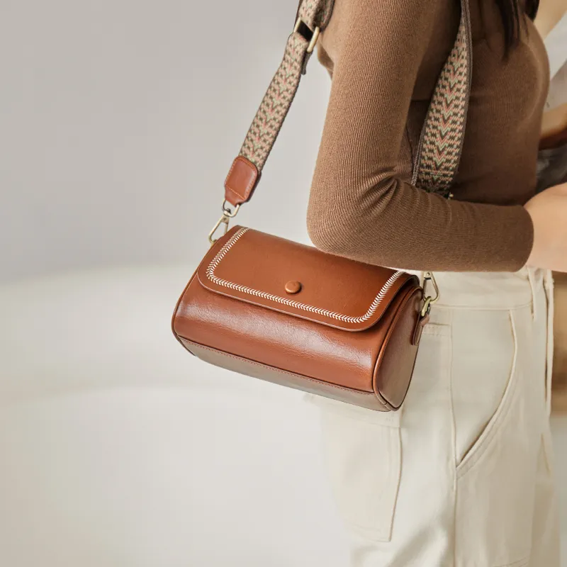 Narandu Cow Leather Patchwork Synthetic Leather Cylinder Bag Shoulder Bag Crossbody Bag Small Size Women's Brown/Black-2