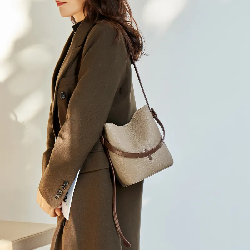 Narandu Cow Leather Bucket Bag, One Shoulder Handbag Small Size Women's Trench Gray-4