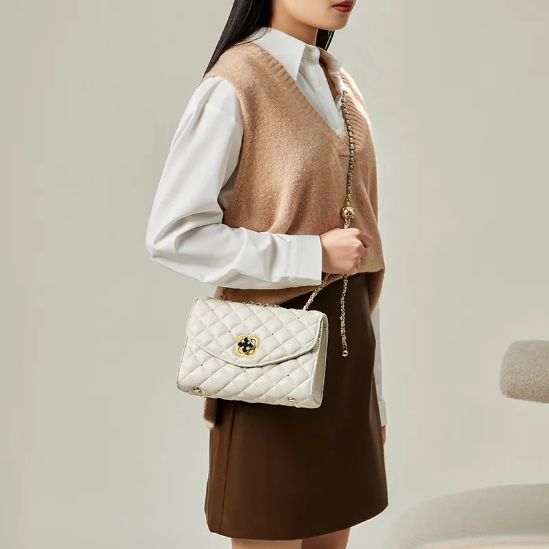 Narandu Cow Leather Patchwork Synthetic Leather Chain Bag Shoulder Bag Crossbody Bag Small Size Women's Black/Ecru-8