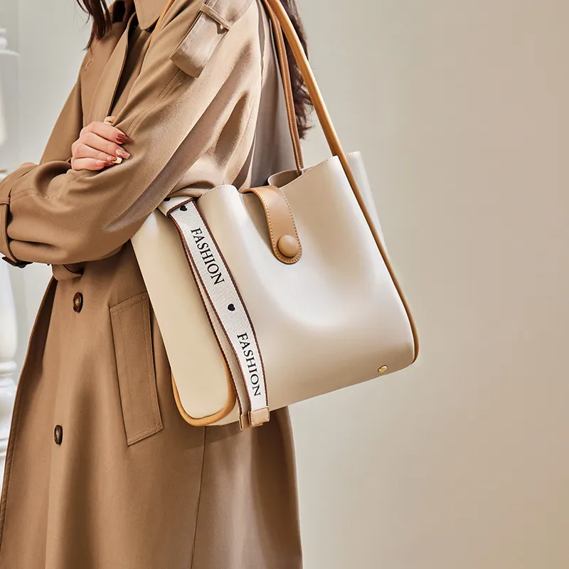 Narandu Cow Leather With Synthetic Leather Shoulder Bag Large Size Women's White & Apricot-1