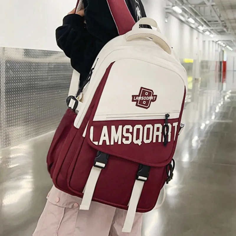 Narandu Fabric Backpack Computer Travel Bag Large Size Unisex Burgundy/Black-3