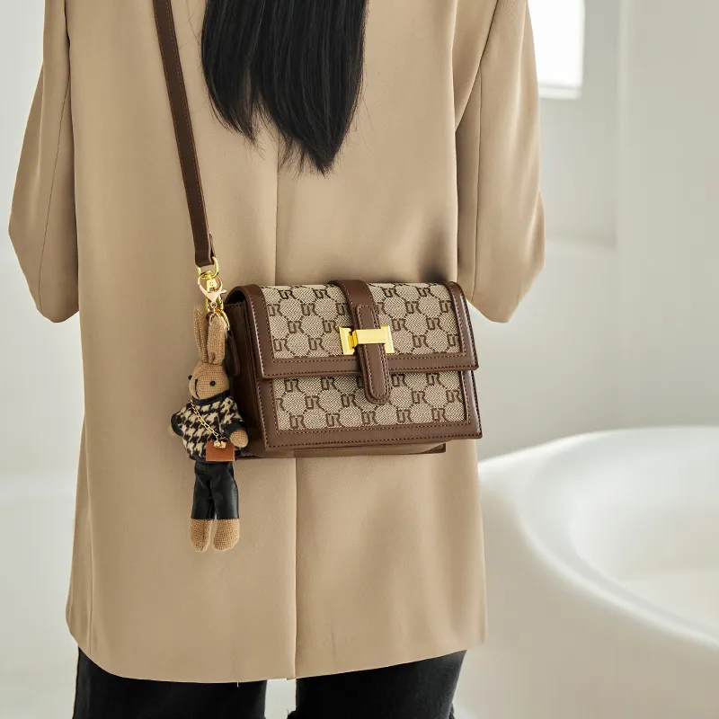 Narandu Fabric, Synthetic Leather Small Square Bag, Crossbody Bag, Shoulder Bag Medium Size Women's Coffee-8