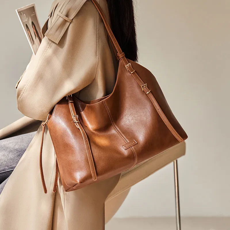 Narandu Synthetic Leather With Cow Leather Tote Underarm Shoulder Bag Women's Vegetable Tanned Brown-2