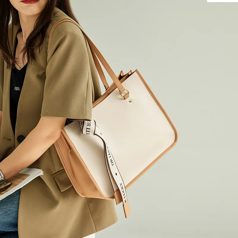 Narandu Cow Leather Patchwork Synthetic Leather Shoulder Bag Large Size Women's Sea Salt White-4