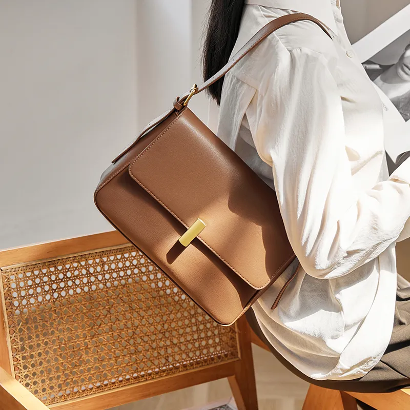 Narandu Cow Leather Small Square Bag Shoulder Bag Medium Size Women's Midnight Black/Caramel Brown/Milk Tea-7
