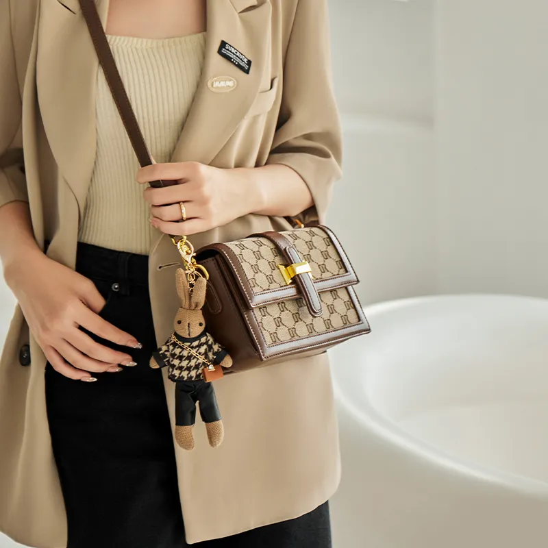 Narandu Fabric, Synthetic Leather Small Square Bag, Crossbody Bag, Shoulder Bag Medium Size Women's Coffee-11