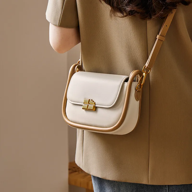 Narandu Synthetic Leather Saddle Bag Small Square Bag Shoulder Bag Crossbody Bag Women's Toffee Brown/Ecru & Brown-5