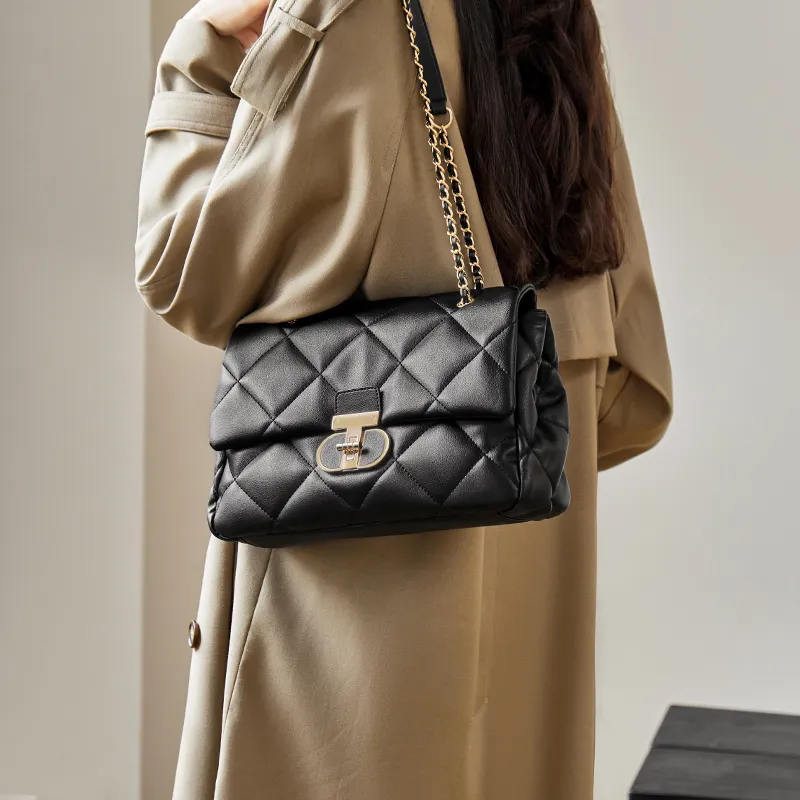Narandu Cow Leather Diamond Grid Bag Chain Bag Shoulder Bag Crossbody Bag Large Size Women's Midnight Black/Ecru-2
