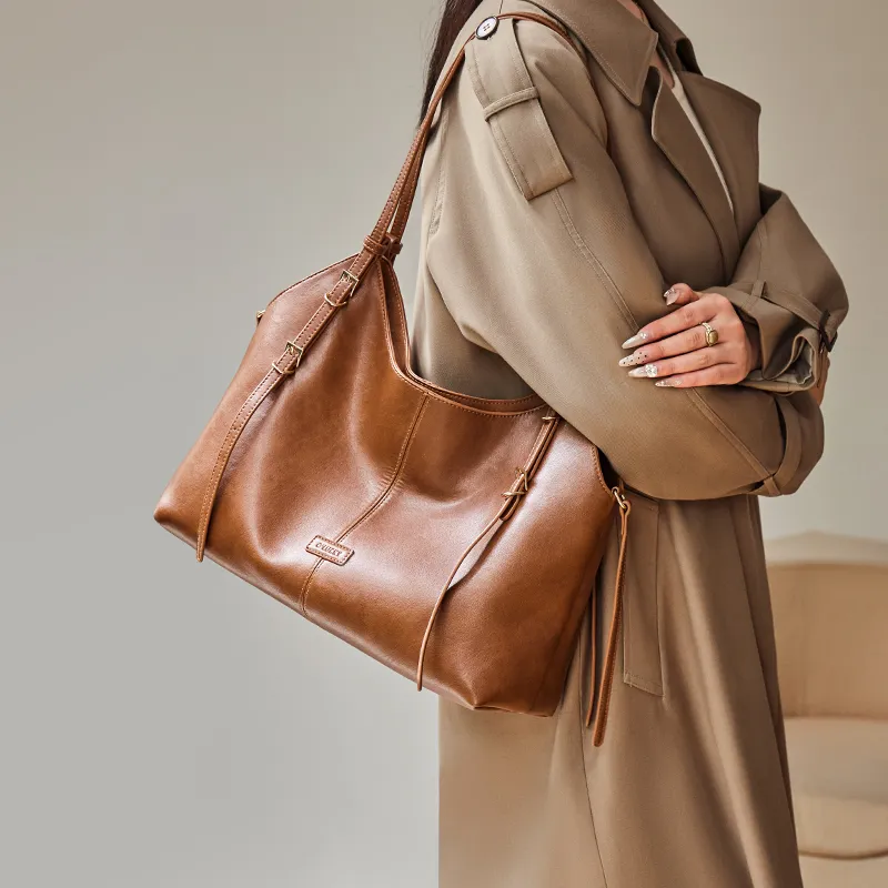 Narandu Synthetic Leather With Cow Leather Tote Underarm Shoulder Bag Women's Vegetable Tanned Brown-4