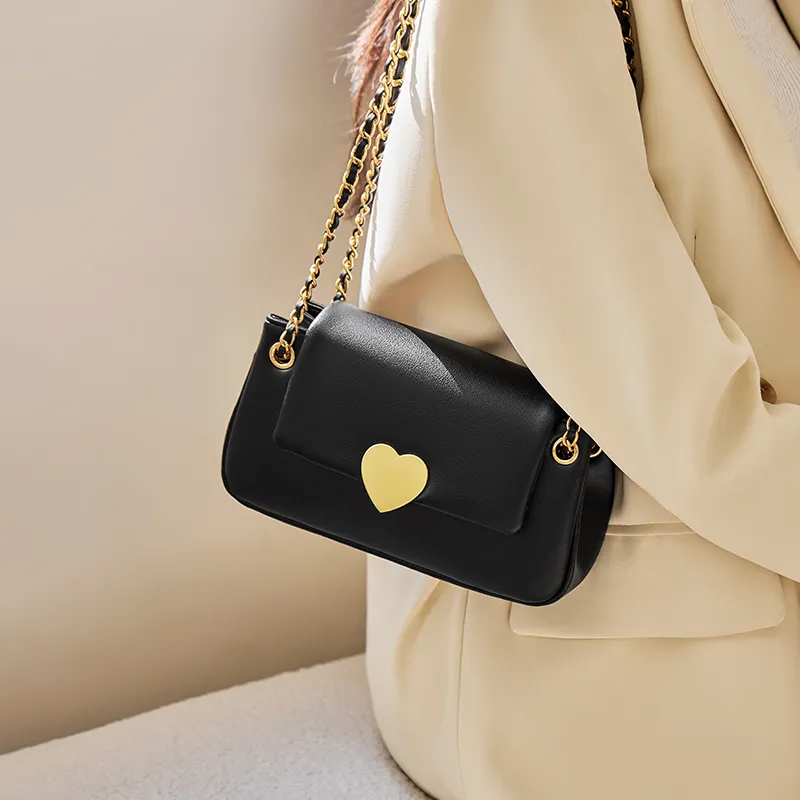 Narandu Cow Leather, Synthetic Leather Chain Bag, Shoulder Bag, Crossbody Bag Medium Size Women's Midnight Black/Ecru-1