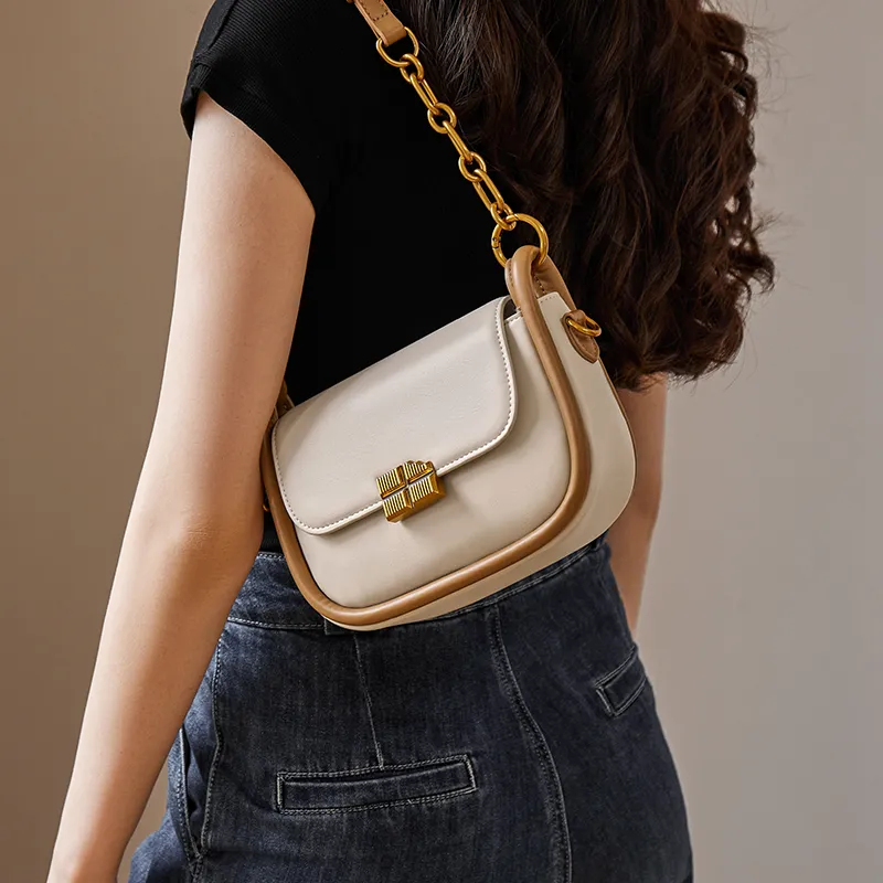 Narandu Synthetic Leather Saddle Bag Small Square Bag Shoulder Bag Crossbody Bag Women's Toffee Brown/Ecru & Brown-2