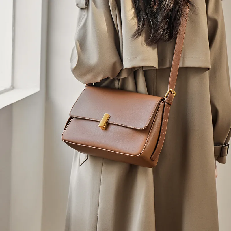 Narandu Cow Leather Small Square Bag Shoulder Bag Medium Size Women's Midnight Black/Caramel Brown/Milk Tea-6