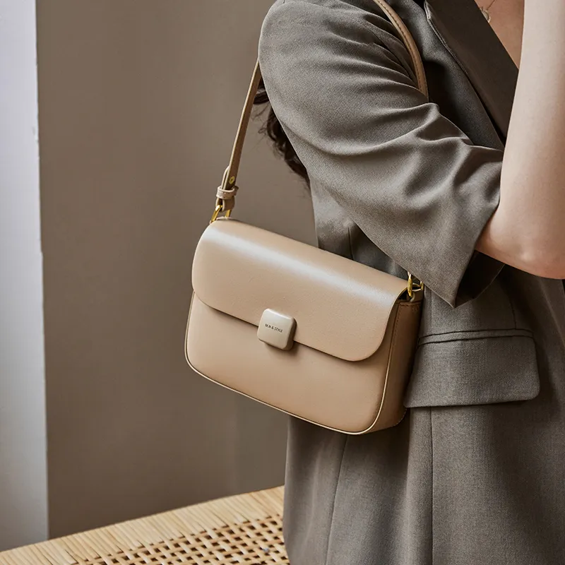 Narandu Cow Leather Synthetic Leather Small Square Bag Shoulder Bag Crossbody Bag Regular Women's Milk Tea Apricot-3